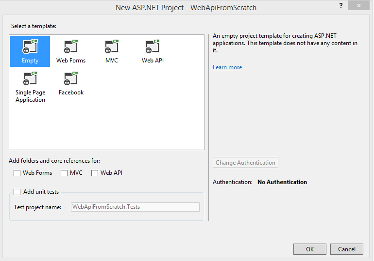 new ASP.NET project dialog