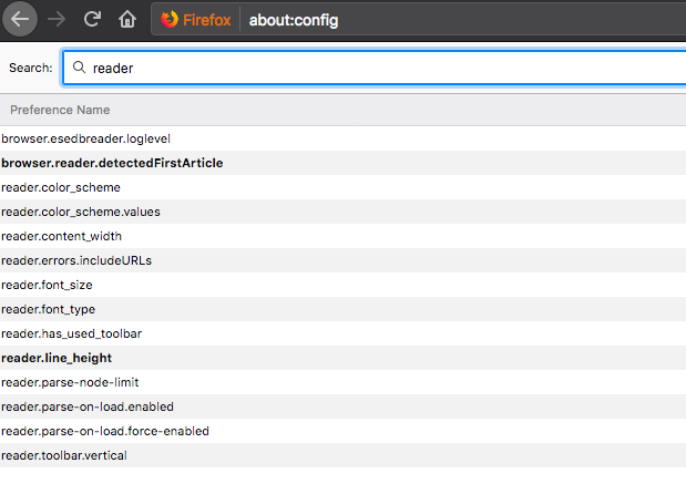 about:config in Firefox showing reader settings